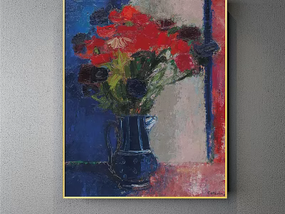 Vibrant Botanical Painting Featuring Blue Vase Red Dark Flowers and Golden Frame 3d model