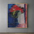Vibrant Botanical Painting Featuring Blue Vase Red Dark Flowers and Golden Frame