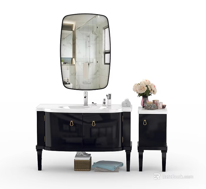 Elegant Black Bathroom Vanity With Gold Handles Oval Mirror Marble Countertop And Side Cabinet 3d model 