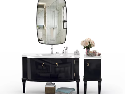 Elegant Black Bathroom Vanity With Gold Handles Oval Mirror Marble Countertop And Side Cabinet 3d model