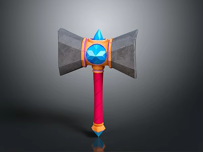 Fantasy Battle Axe With Gray Head Orange Ring Blue Gemstone Red Handle And Yellow Base 3d model