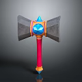 Fantasy Battle Axe With Gray Head Orange Ring Blue Gemstone Red Handle And Yellow Base