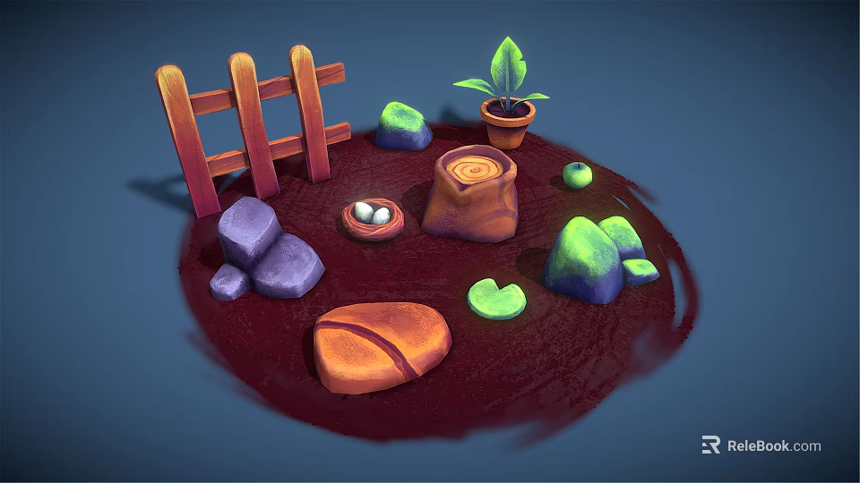 Decorative Garden Ornament Set With Wooden Fence Colorful Rocks Small Potted Plant And Clay Pot 3d model 