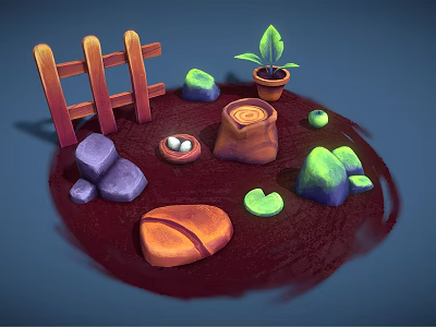Decorative Garden Ornament Set With Wooden Fence Colorful Rocks Small Potted Plant And Clay Pot 3d model