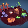 Decorative Garden Ornament Set With Wooden Fence Colorful Rocks Small Potted Plant And Clay Pot