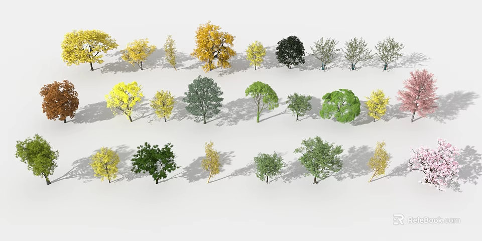 Various Arbor Trees With Different Colored Leaves And Shapes Arranged On White Background 3d model 