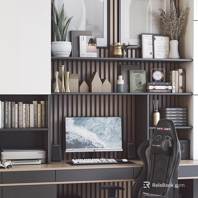 Modern Home Office Desk with Computer Monitor Gaming Chair Bookshelves and Decorative Items 3d model 