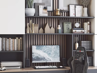 Modern Home Office Desk with Computer Monitor Gaming Chair Bookshelves and Decorative Items 3d model
