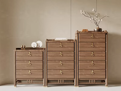 Three Elegant Wooden Chest of Drawers with Golden Handles in Minimalist Room Interior 3d model
