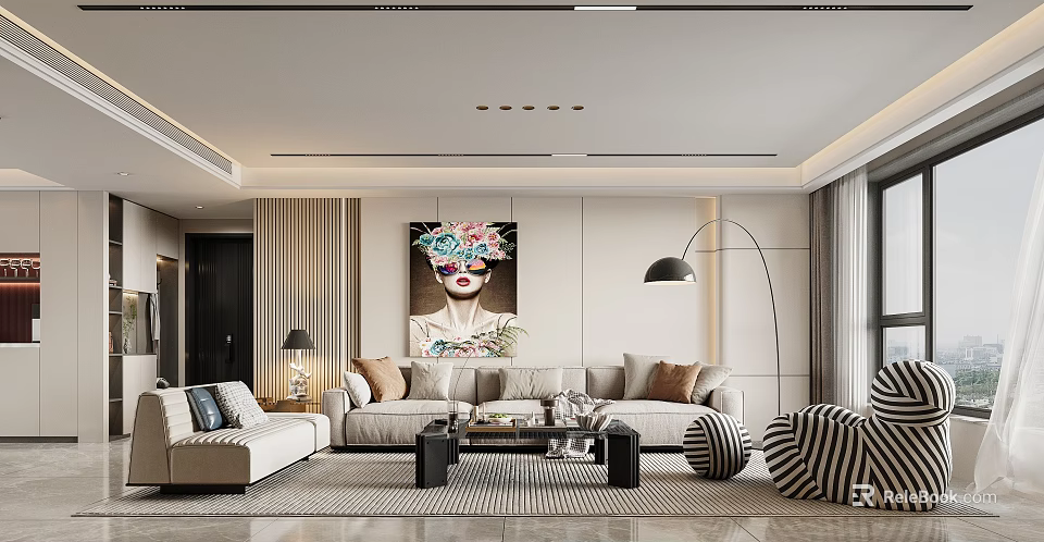 Modern Dining Living Room Interior Design With Sofa Coffee Table Striped Rug And Decorative Painting 3d model 