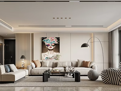 Modern Dining Living Room Interior Design With Sofa Coffee Table Striped Rug And Decorative Painting 3d model