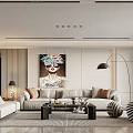 Modern Dining Living Room Interior Design With Sofa Coffee Table Striped Rug And Decorative Painting