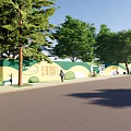 Scenic Wall With Decorative Green Yellow Patterns Lined By Trees And Pedestrian Path 3d model
