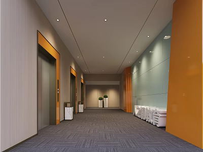 Modern Elevator Lobby With Gray Orange Walls Gray Carpet Potted Plants And White Trash Bins 3d model