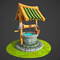 Traditional Garden Ornament With Wooden Roof Green Tiles Circular Stone Base Red Bucket And Grass