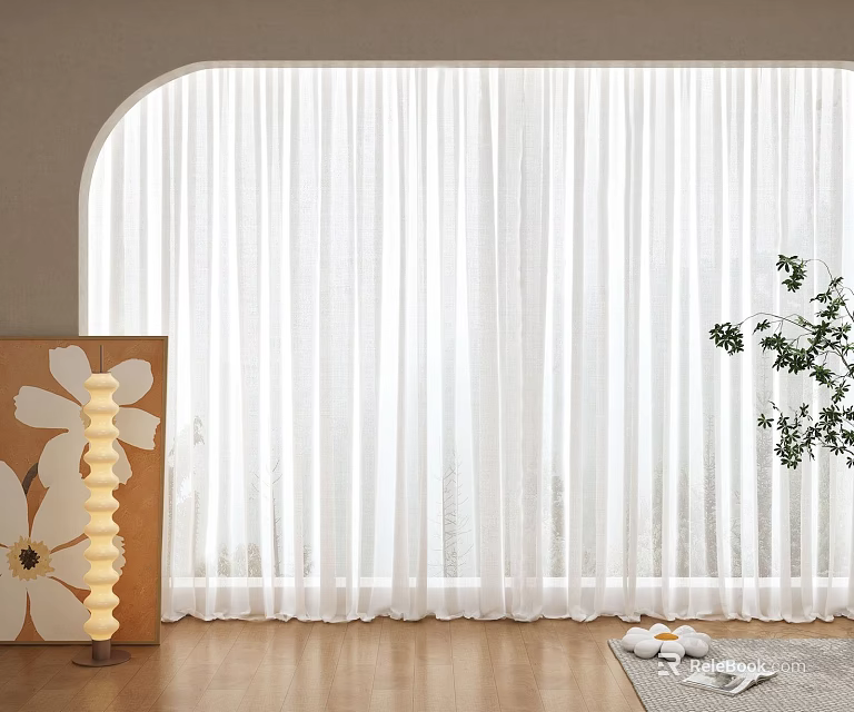 White Sheer Curtains In Arched Window Modern Minimalist Interior With Decorative Painting And Plant 3d model 