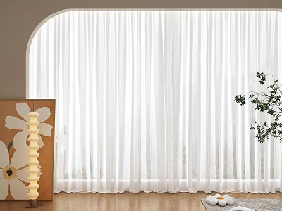 White Sheer Curtains In Arched Window Modern Minimalist Interior With Decorative Painting And Plant 3d model