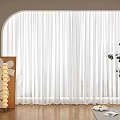 White Sheer Curtains In Arched Window Modern Minimalist Interior With Decorative Painting And Plant
