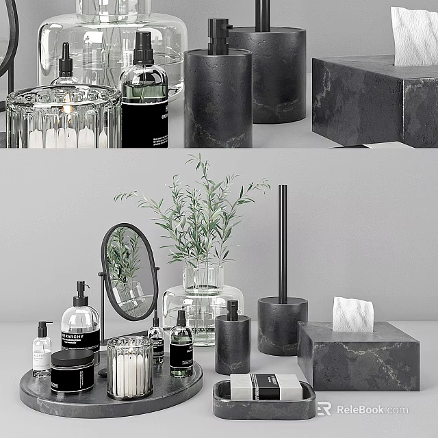 Modern Bathroom Accessories Black Soap Dispenser Marble Toothbrush Holder Tissue Box And Green Plant 3d model 