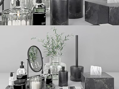 Modern Bathroom Accessories Black Soap Dispenser Marble Toothbrush Holder Tissue Box And Green Plant 3d model