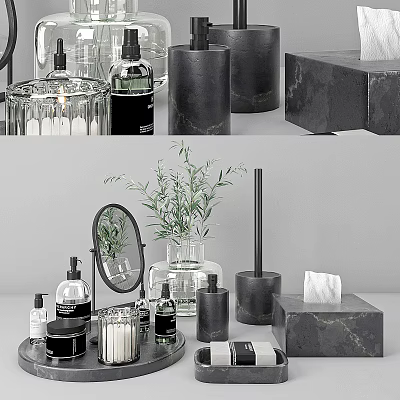 Modern Bathroom Accessories Black Soap Dispenser Marble Toothbrush Holder Tissue Box And Green Plant 3d model