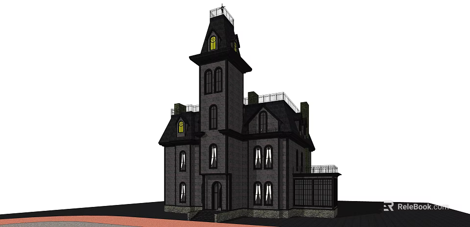 Gothic Style Black Exterior Detached Villa With Tower Arched Windows And Stone Base 3d model 