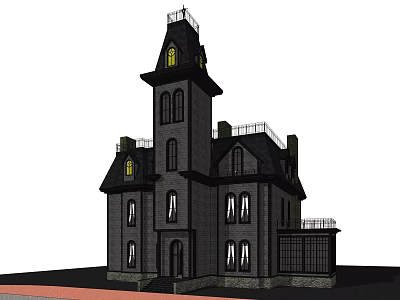 Gothic Style Black Exterior Detached Villa With Tower Arched Windows And Stone Base 3d model