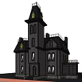 Gothic Style Black Exterior Detached Villa With Tower Arched Windows And Stone Base