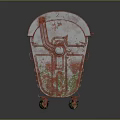 Rusty Metal Trash Bin with Wheels and Curved Lid Weathered Red and Green Rusty Surface