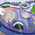 Royal Theme Kids Playground With Sandpit Circular Structures Green Plants And Colorful Flooring