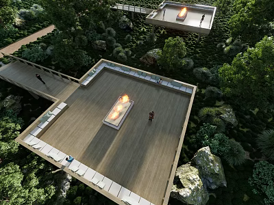 Scenic Wooden Platform In Forest With Fire Pit Surrounded By Trees And Rocks 3d model