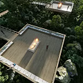 Scenic Wooden Platform In Forest With Fire Pit Surrounded By Trees And Rocks