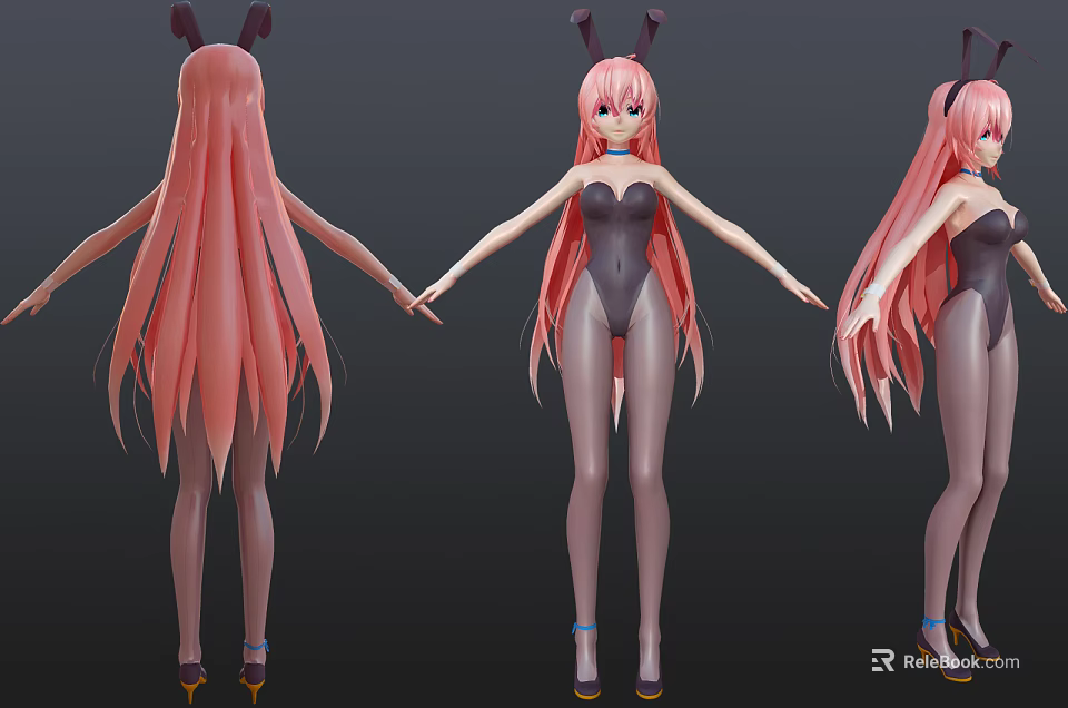 Game Movie Character With Long Pink Hair Rabbit Ears Black Bodysuit Gray Stockings High Heels 3d model 