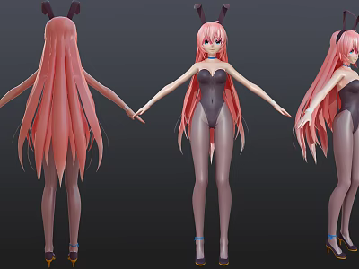 Game Movie Character With Long Pink Hair Rabbit Ears Black Bodysuit Gray Stockings High Heels 3d model
