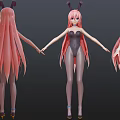 Game Movie Character With Long Pink Hair Rabbit Ears Black Bodysuit Gray Stockings High Heels