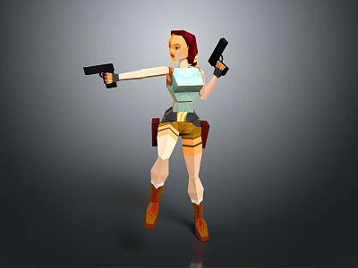 3D Low Poly Woman Model With Red Hair Blue Top Brown Shorts Holding Dual Guns 3d model