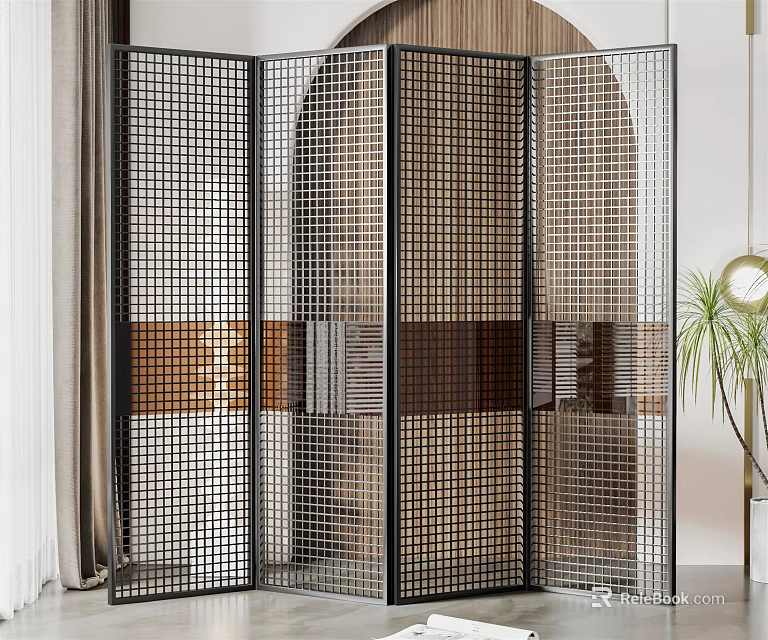 Modern Room Divider Screen With Black Frame Grid Pattern And Metal Panels 3d model 