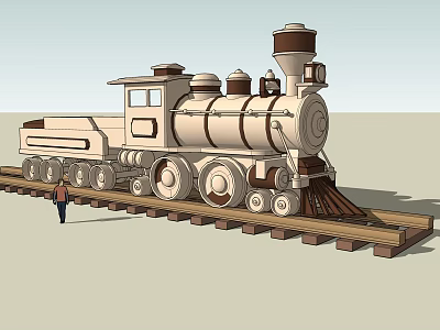 Steam Train on Wooden Railroad Tracks with 3D Model and Small Person 3d model