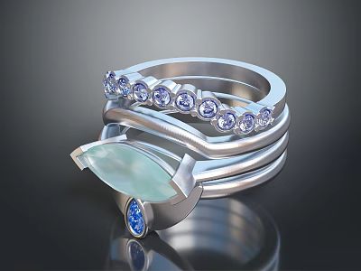 Modern Silver Ring With Delicate Blue Gemstones And Stacked Bands Design 3d model
