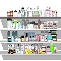 Diverse Perfume and Cosmetics Products Displayed on Shelves with Various Bottles Jars and Skincare Items