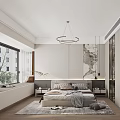 Modern Bedroom Interior Design With Cozy Bed Chandelier Bookshelf Bench Window And Soft Rug