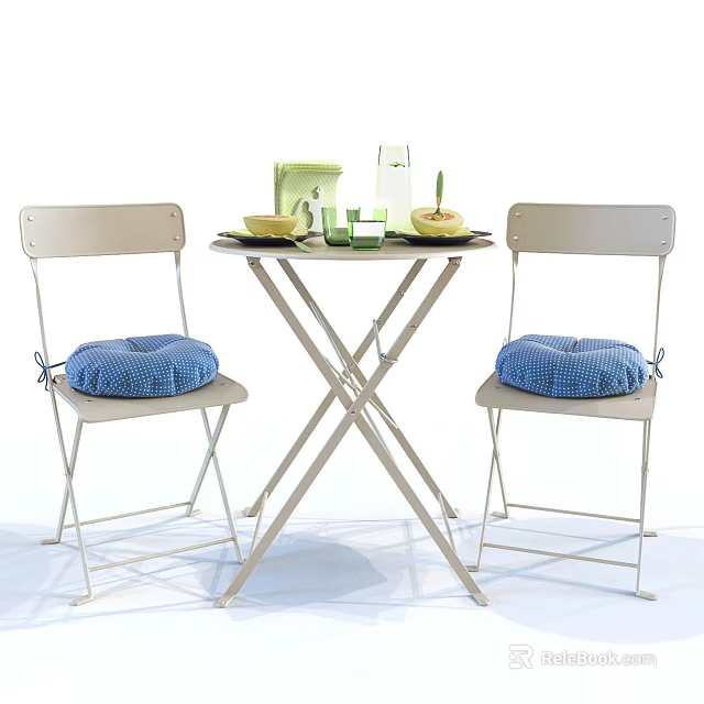 Folding Dining Table Set With Metal Chairs Blue Cushions And Green Tableware 3d model