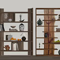 Wooden Shelving Units with Books Decorative Vases Fruits and Ornaments for Interior