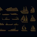 Golden Sailboats Silhouettes Collection Featuring Various Types On Dark Blue Background