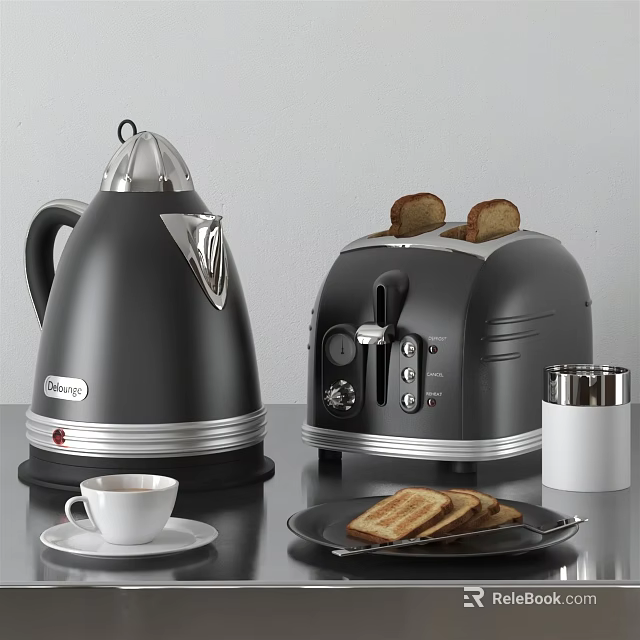 Stylish Black Kitchen Appliances Kettle And Toaster With Toasted Bread And Coffee Cup 3d model 