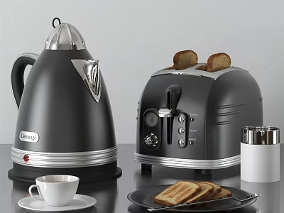 Stylish Black Kitchen Appliances Kettle And Toaster With Toasted Bread And Coffee Cup 3d model