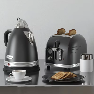 Stylish Black Kitchen Appliances Kettle And Toaster With Toasted Bread And Coffee Cup 3d model