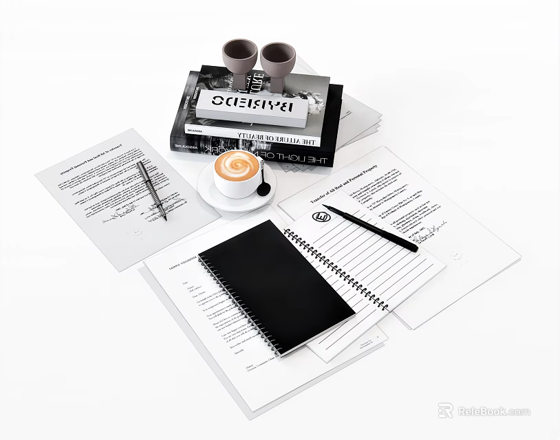 Organized Books And Magazines With Notebook Papers Pen And Coffee Cup On Workspace 3d model 