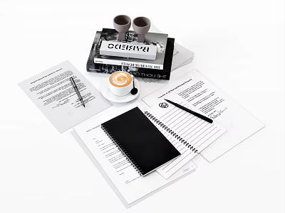 Organized Books And Magazines With Notebook Papers Pen And Coffee Cup On Workspace 3d model