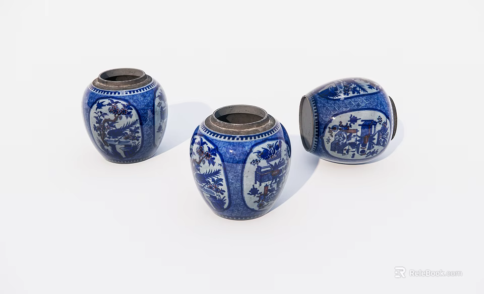 Three Blue and White Ceramic Jars With Intricate Scenic Patterns on White Background 3d model 